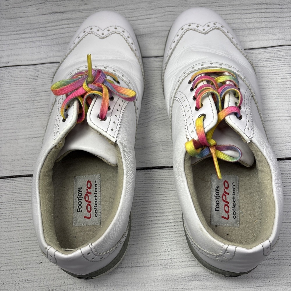 FootJoy LoPro Golf Shoes Comfort Wingtip White Leather Rainbow Laces Size 7.5M - Picture 2 of 8